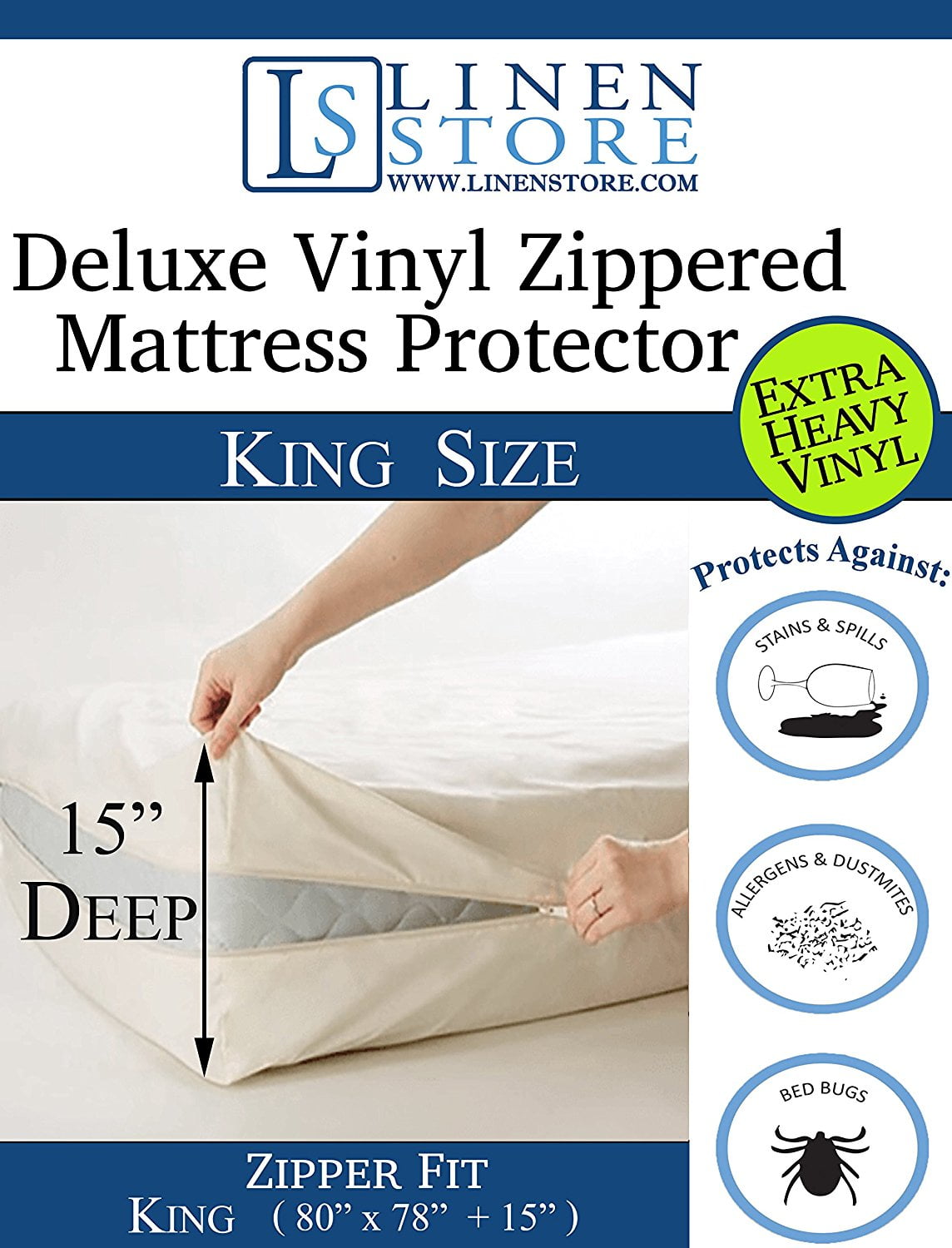 Zippered Allergy Relief Bed Bug Waterproof Vinyl Mattress Cover Protector 