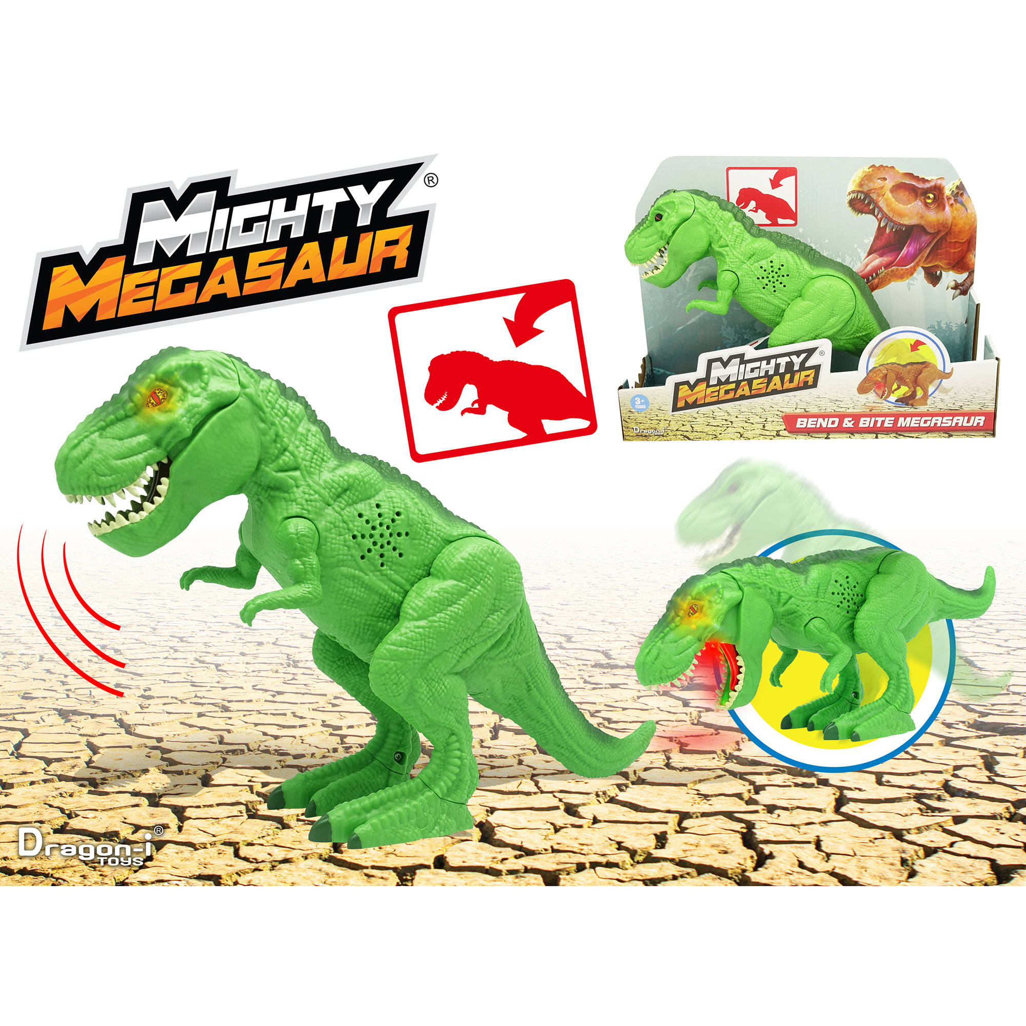 Mighty Megasaur: Bend & Bite T-Rex with Lights & Sounds Age 3-8 Action Figure, Plastic Green (12.5")
