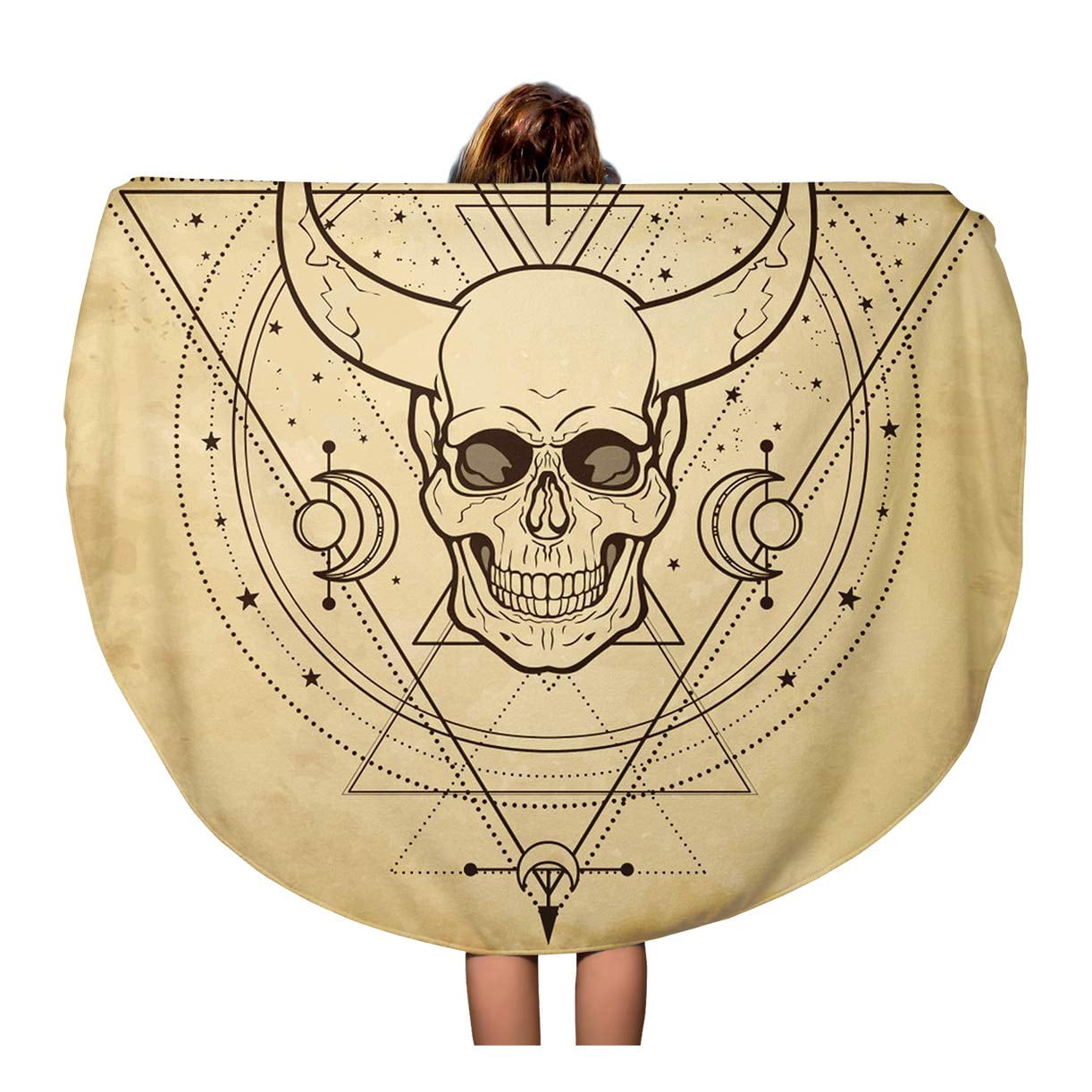 Sleepwish Skull Round Beach Towel – 60” Microfiber, Quick-Dry, Skeleton Flower Design | Red Rose Print