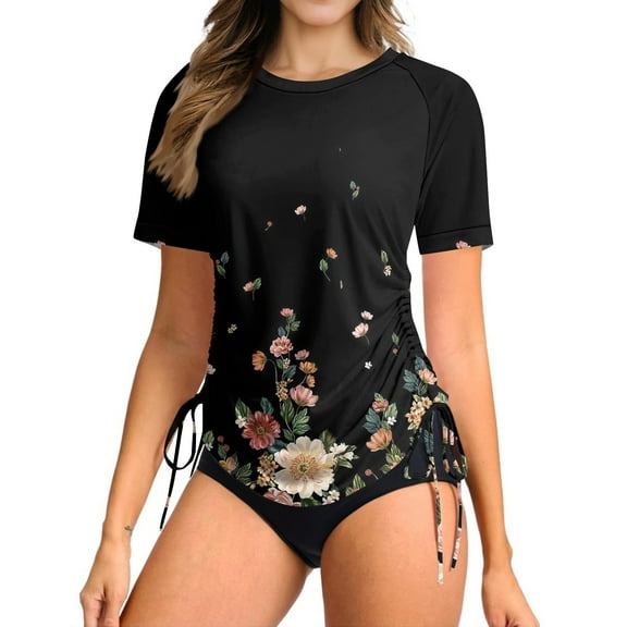 WTOBBY Women's Floral Print Short Sleeve Sun Protection Swimsuit Lightweight Adjustable Lace-Up Design for Beach Pool Cover Up Swimwear with UPF Rating Summer Essential,Black L