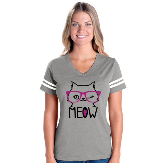 Womens Meow Cute Cat Kitty Football V-Neck T-Shirt