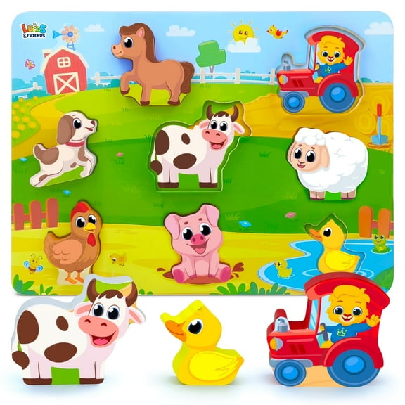 Lucas & Friends Farm Animal Toys for Kids, Wooden Puzzle Board, Toddler and Preschool Toys