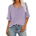 thumbnail image 2 of Kovlvoll Womens Oversized T Shirts Workout Striped V Neck Short Sleeve Tops Casual Loose Basic Tees Summer Outfits, 2 of 5