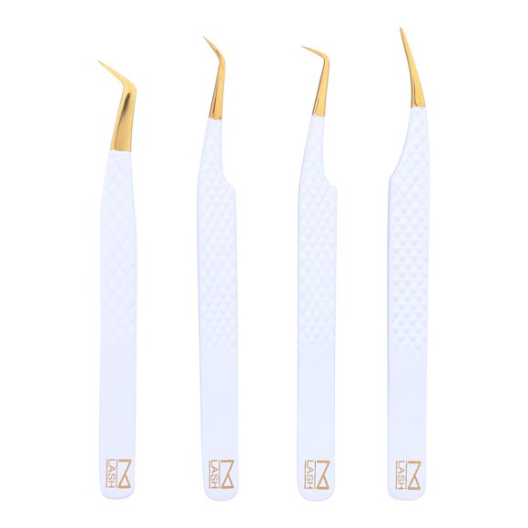 M LASH Eyelash Extension Tweezers (Set of 4) - Professional & Precision Lash Tweezers for Eyelash Extensions - Japanese Steel, Diamond Grip, Fiber Tip V3 (