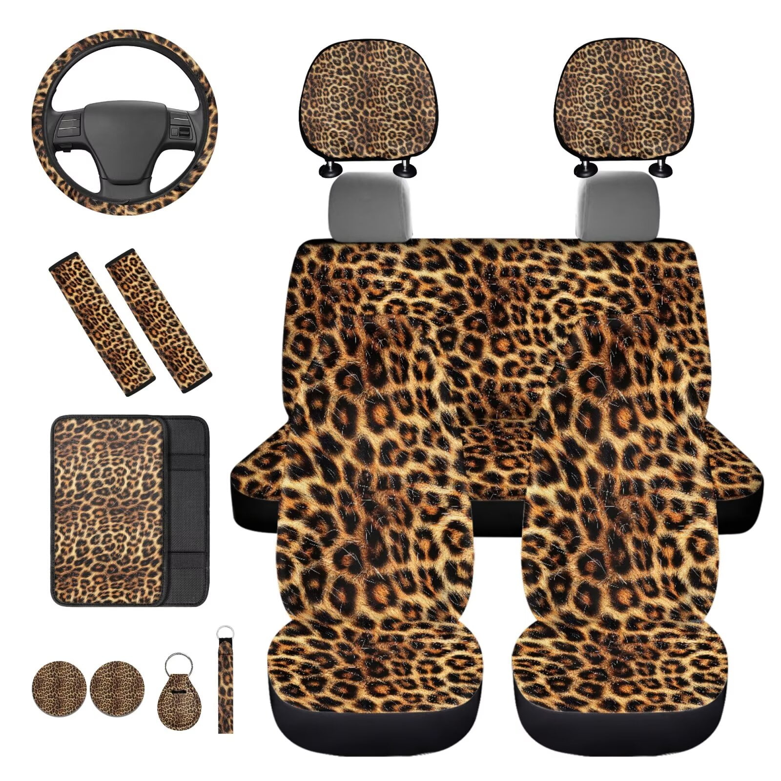 HUIACONG Brown Leopard Print Car Seat Covers Full Set for Women 14 Pcs Universal Cheetah Print Car Accessories Steering Wheel Cover Arm Rest Cover Seat Belt Pads Headrest Covers Coasters Keychain
