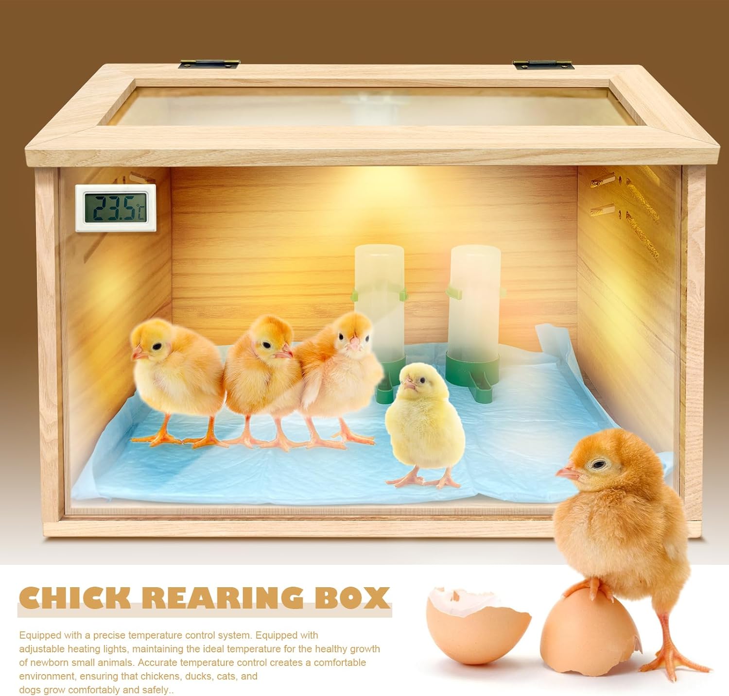 Chicken Brooder Box for Chicks & Quail with 3 Absorbent Pads, Feeder and Waterer - Adjustable Temperature Control Brooding Box for Small Chicken Coop & Quail Cage (15.7x12x12 Inches)