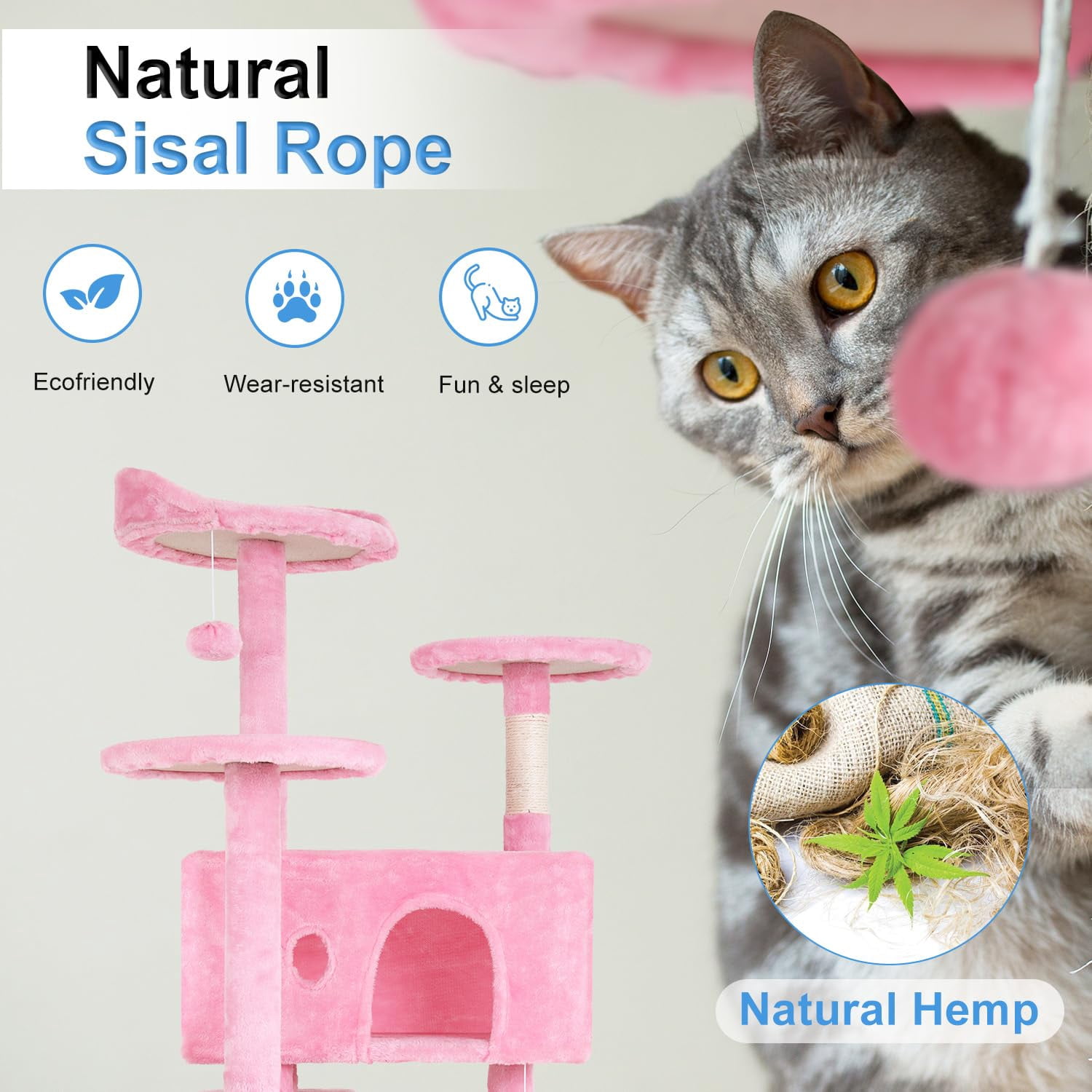 Large Multi-Level Cat Tree, 70 Inches Tall with Sisal-Covered Scratching Posts, Condo, Dangling Ball, and Extended Platform for Cats to Play and Sleep,Pink