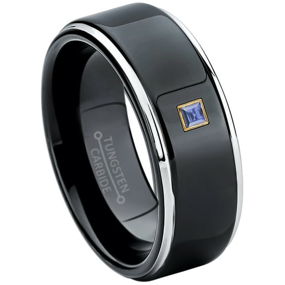 0.05ctw Princess Cut Tanzanite Tungsten Ring - 8MM Polished Black IP Stepped Edge Tungsten Carbide Wedding Band - December Birthstone Ring - 14kt Yellow Gold Bezel - TN118PSG-1TZNs13