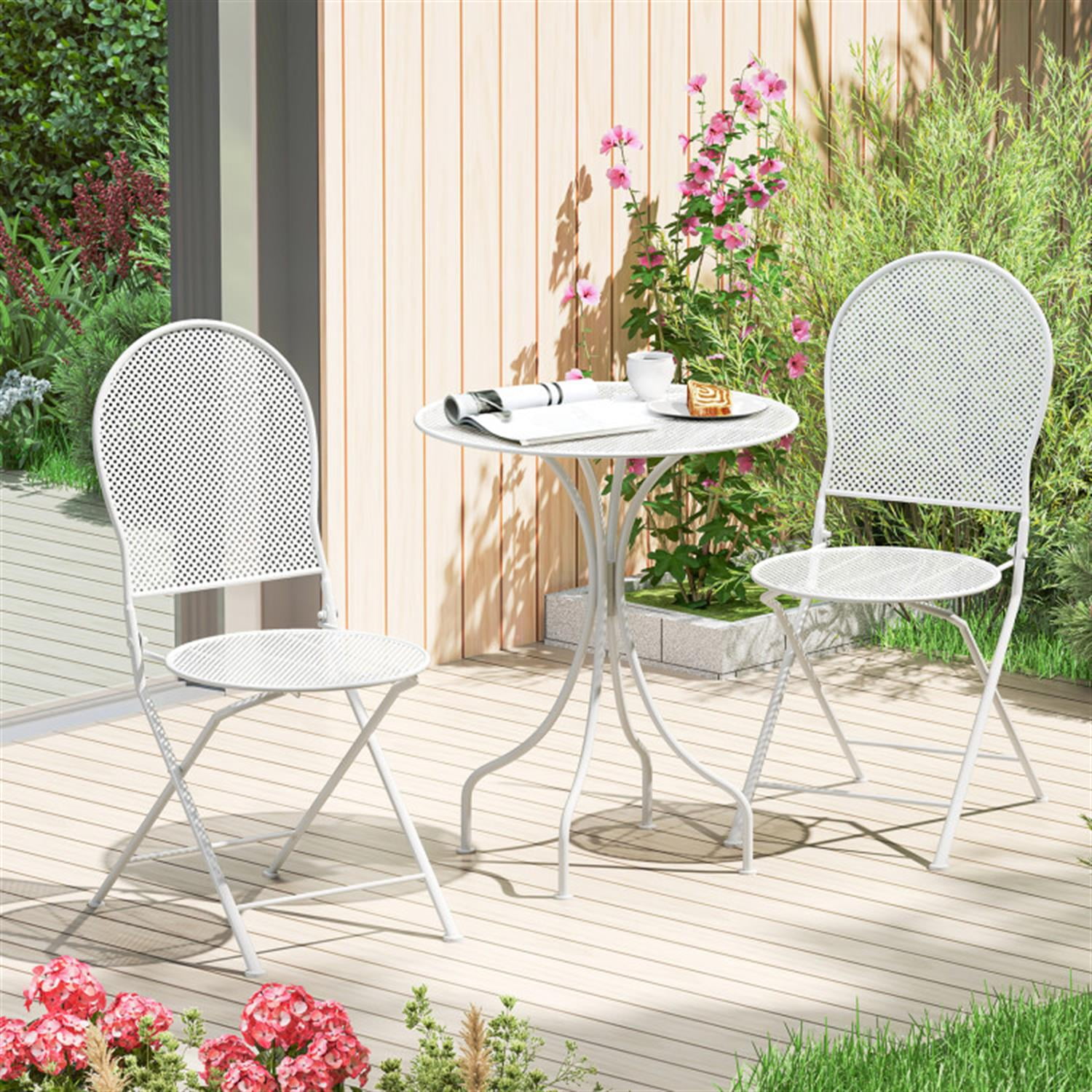 Demi Bonn 3 Piece Metal Bar Set with Patio Round Table and 2 Folding Chairs, Outdoor Bistro Sets Accent Furniture for Yard, Garden, White