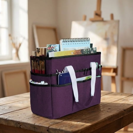 Craft Organizer Tote Bag Large Storage Caddy with Multiple Pockets Deep Purple Sewing Bag for Art Craft Scrapbooking and Office Supplies