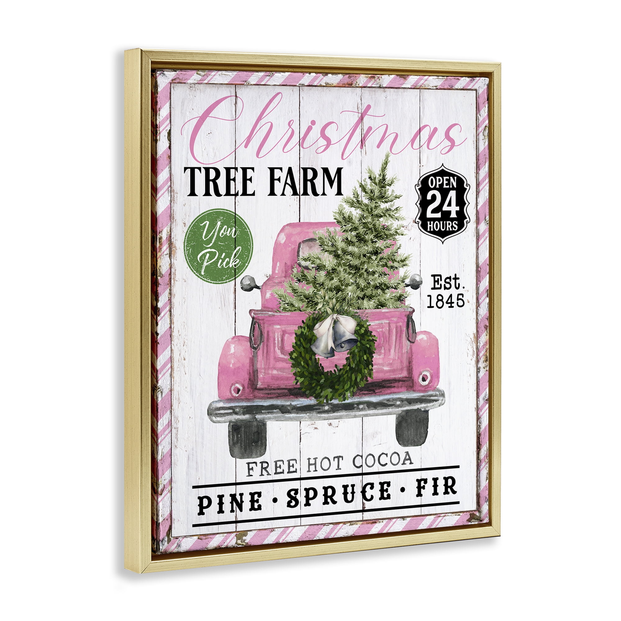 Stupell Industries Pink Christmas Tree Farm Holiday Painting Gold Floater Framed Canvas Art Prints Wall Art, 25 x 31