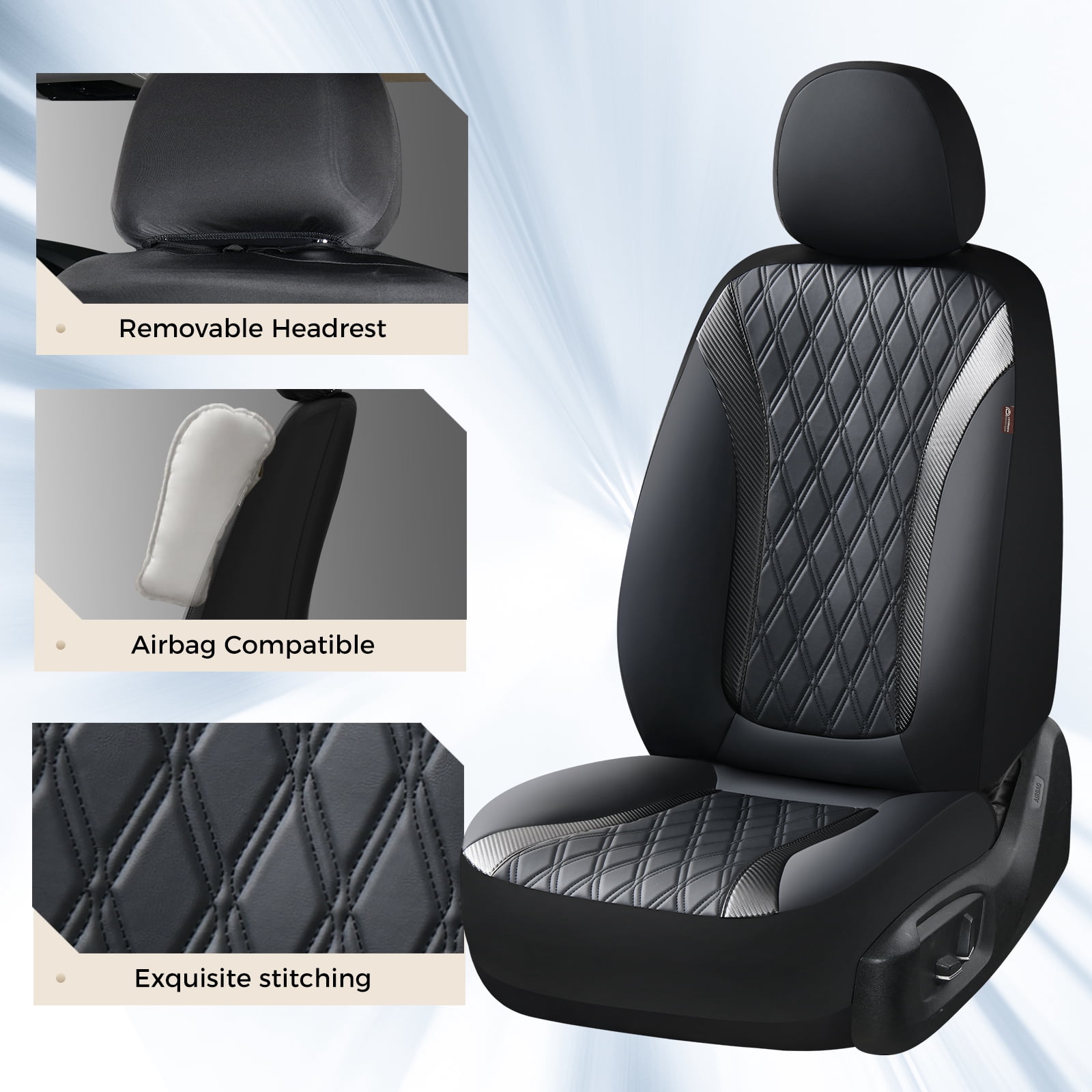 Coverado Car Seat Covers, Faux Leather with Carbon Fiber Front Car Seat Protectors, 4 Pieces Universal Fit for Most Cars SUV Trucks, Black