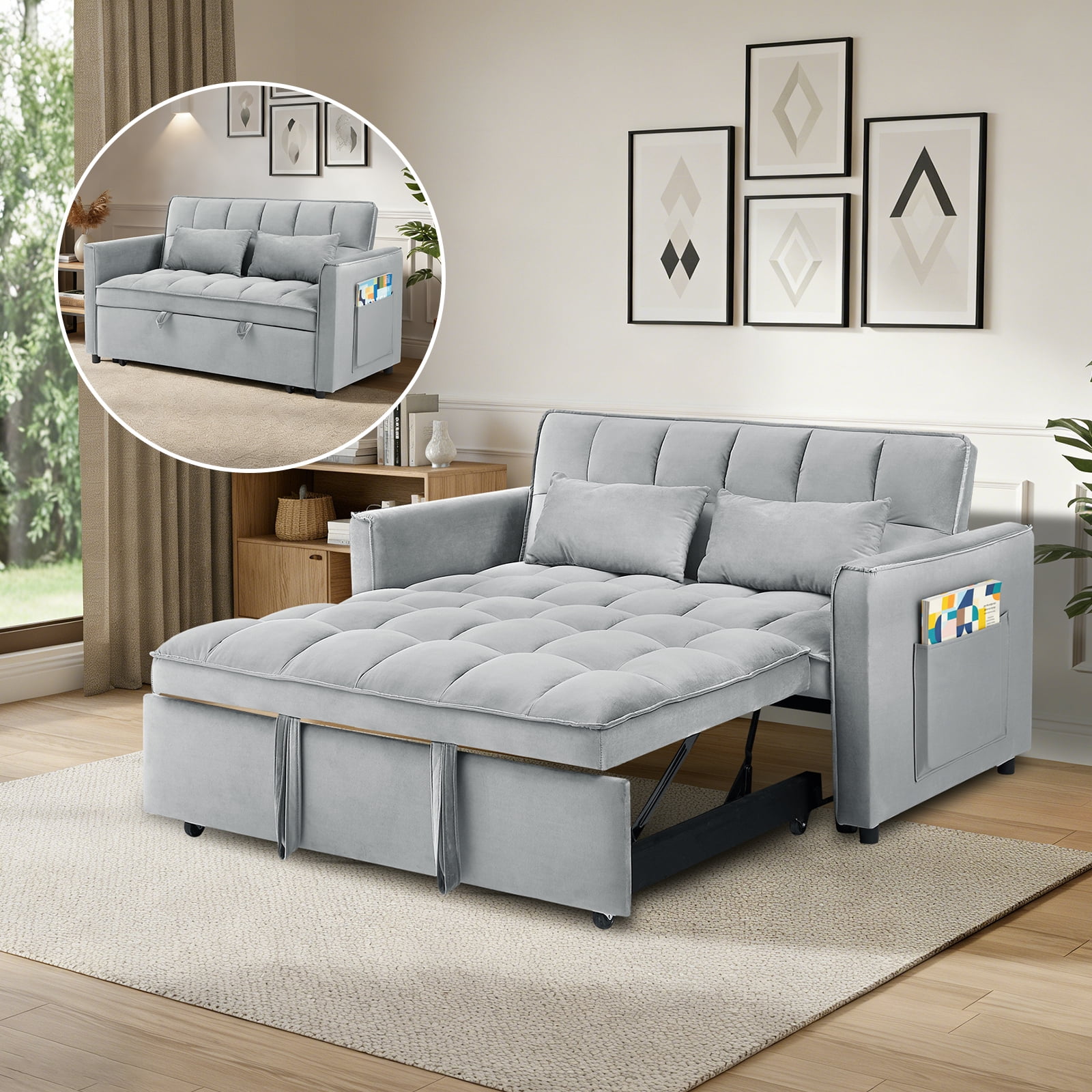 Howcool 55" 3-in-1 Convertible Sleeper Sofa Bed, Pull Out Loveseat, Velvet Adjustable Backrest Couch with Storage Pocket, Small Space Apartment Sofa for Living Room Bedroom，Light grey
