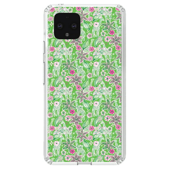 DistinctInk Clear Shockproof Hybrid Case for Google Pixel 4 XL (6.3" Screen) - TPU Bumper, Acrylic Back, Tempered Glass Screen Protector - Preppy Pattern - Pink & Green Flowers Floral