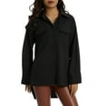 thumbnail image 3 of Franhais Women Button-Down Shirt Office Ladies Irregular Solid Color Long Sleeve Lapel Blouse Casual Loose Blouses With Pockets（S-XL）, 3 of 9