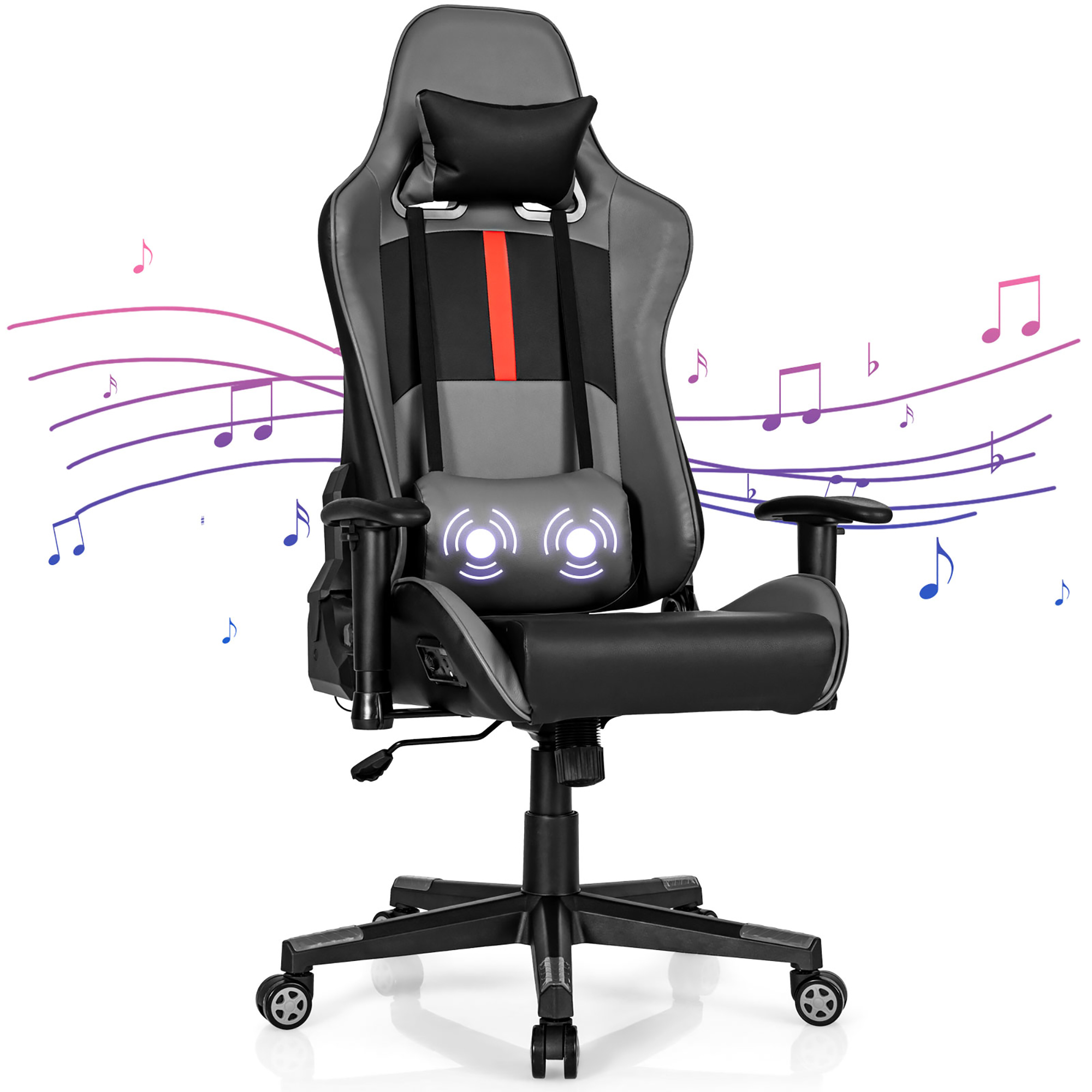 Costway Massage Gaming Chair with 2 Bluetooth Speakers Adjustable Swivel Racing Style Chair