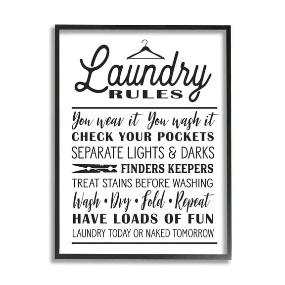 Stupell Laundry Rules w/ Hanger Typography Framed Giclee Texture Art Black Framed - 16 x 20