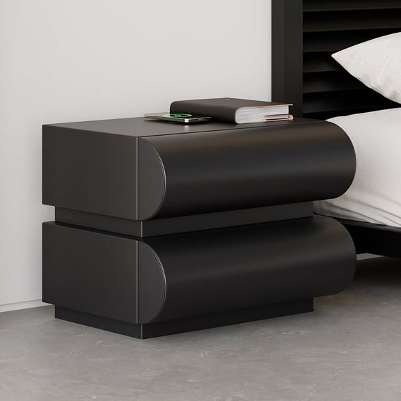 Modern Black Leather Smart Nightstand with Wireless Charger Drawers Bedside Table