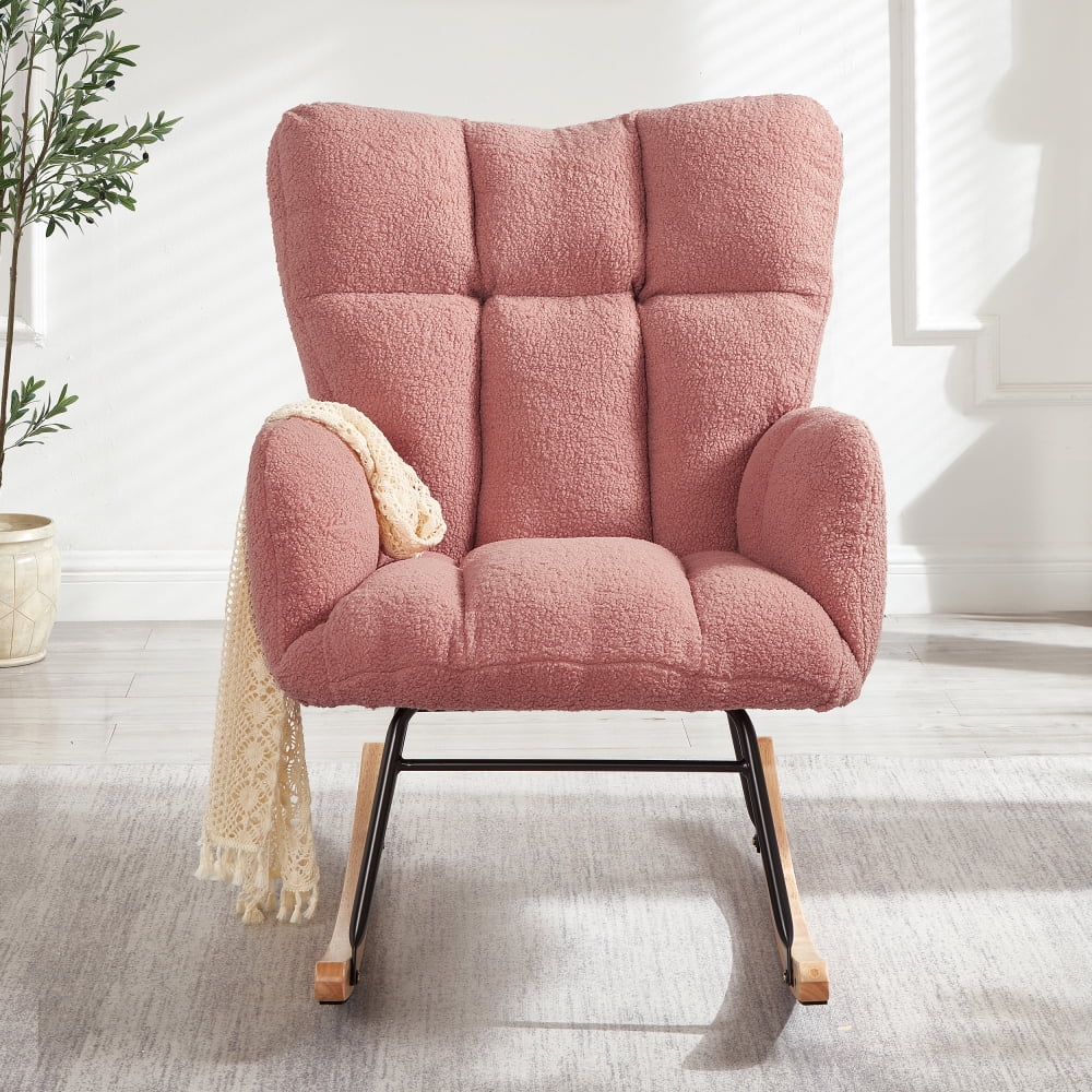 DECMAY Glider Chair for Living Room, Tufted Upholstered Teddy Fabric Rocking Accent Chair with Metal Frame and Wooden Legs