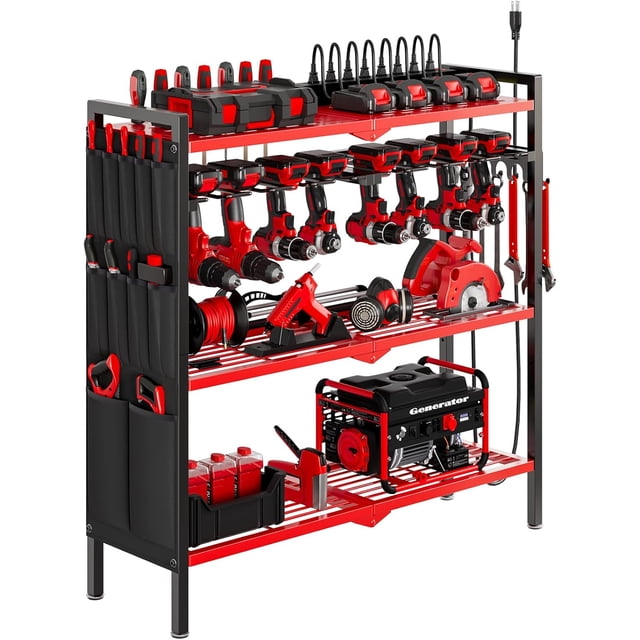 Large Power Tool Organizer Cart with Charging Station Drill Holder Garage Storage Standing Stability Storage Rack Utility Tool Shelf ()