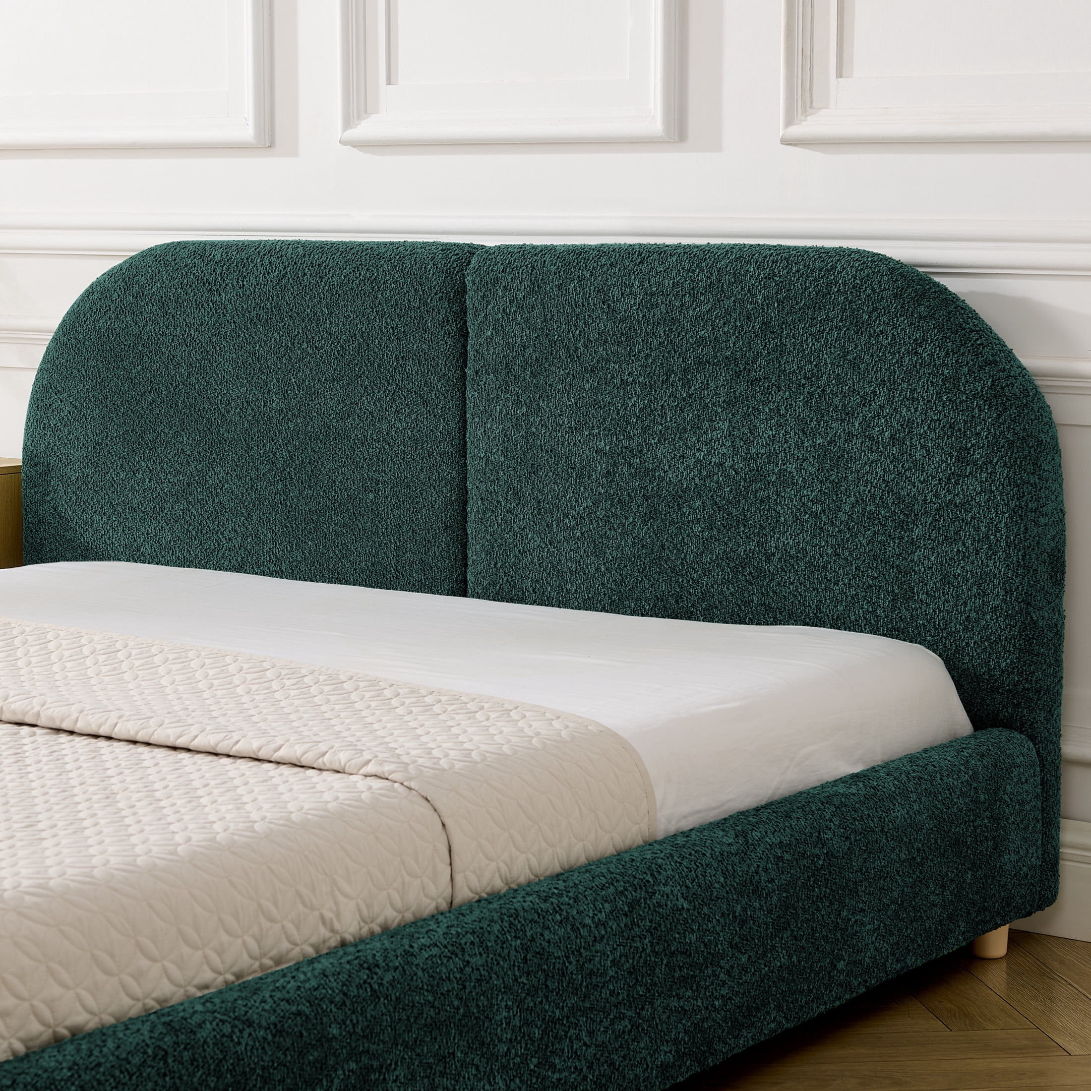 Noble House Roland Queen Size Yarn Upholstered Bed Frame, Tall Curved Headboard Platform Bed, Sturdy Support, Green