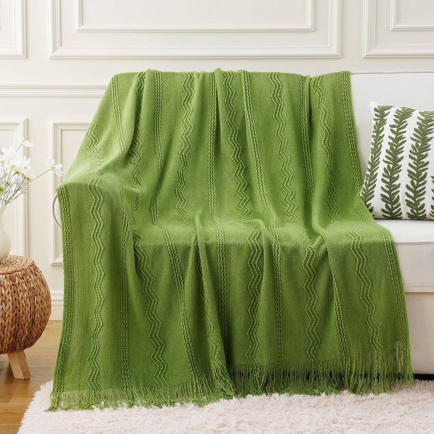 Battilo Green Throw Blankets,Lightweight Textured Knit Blanket with Tassels,Spring Throws,50"x60"