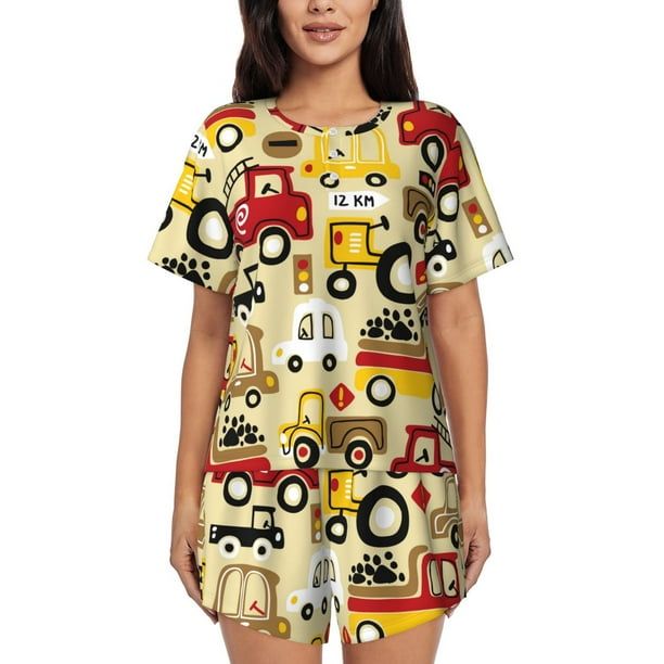 Fotbe Vehicles Conjunto de Pijama Estampado para Mujer, 2 Piezas, Ropa de Dormir con Camiseta de Manga Corta y Shorts Suaves-Small