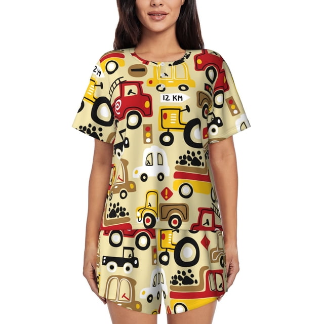 Fotbe Vehicles Conjunto de Pijama Estampado para Mujer, 2 Piezas, Ropa de Dormir con Camiseta de Manga Corta y Shorts Suaves-Small