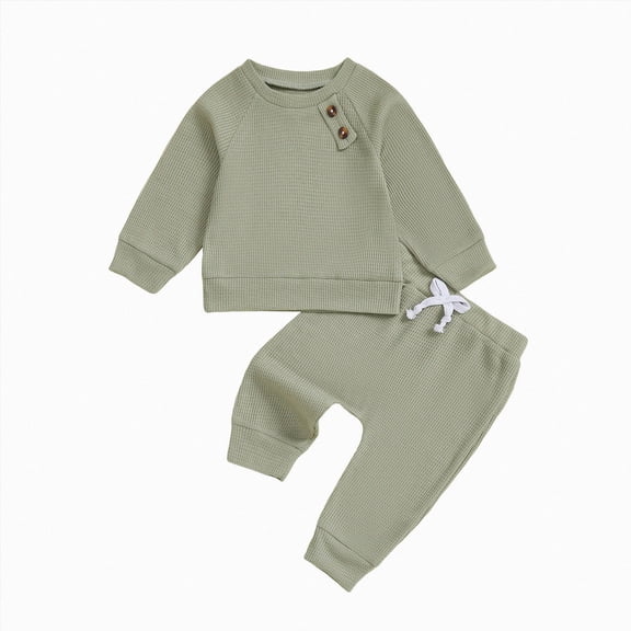 YDFCWXW Toddler Baby Boy Solid Color Waffle Long Sleeve Sweatshirt Shirt Tops Long Pants 2 Winter Clothes Minimalist Everyday Set （Light Green, 3-6 Months）