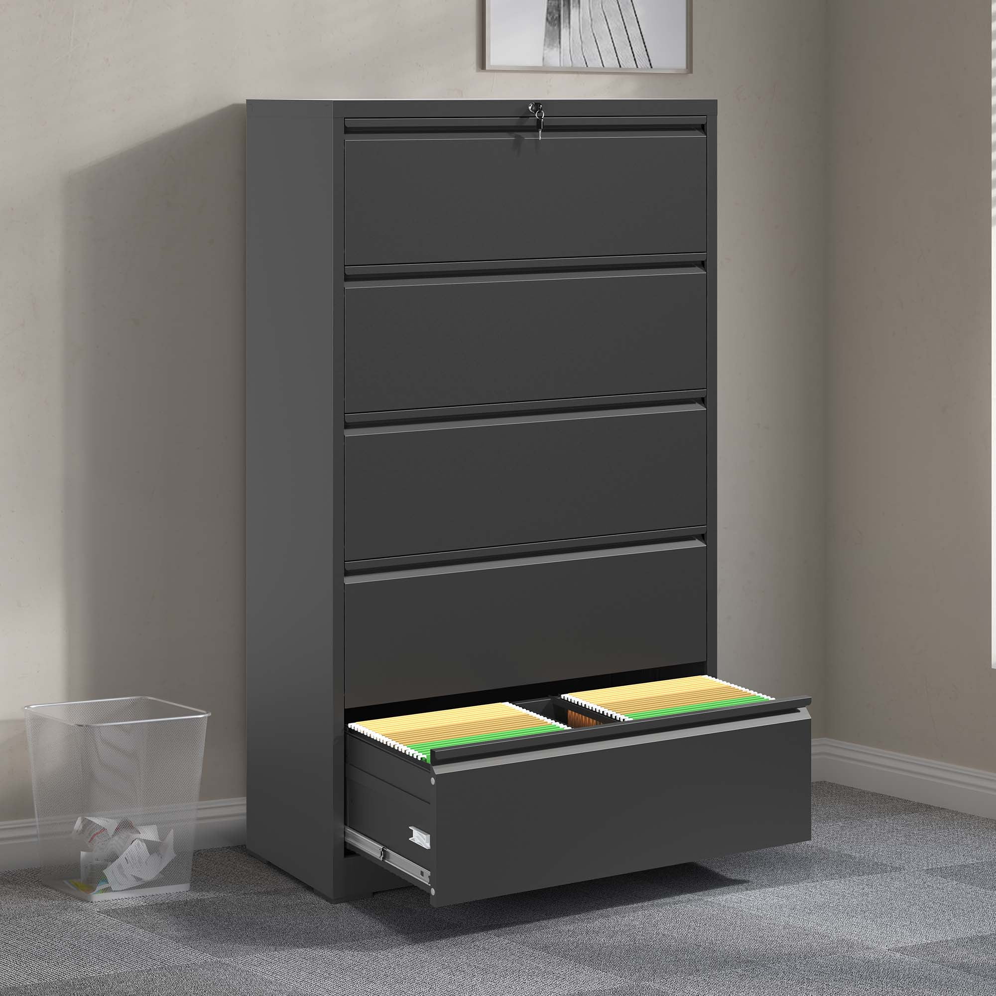 DRNANLIT 5-Drawer Steel Lateral File Cabinet with Locking System - Durable and Stylish Storage Solution for Home and Office, Black