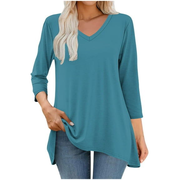 Aobny Womens Dress Shirts Green Long Shirt Tunic Blouses & Tops 3/4 Sleeve Pullover V-Neck Tshirts for Women,L
