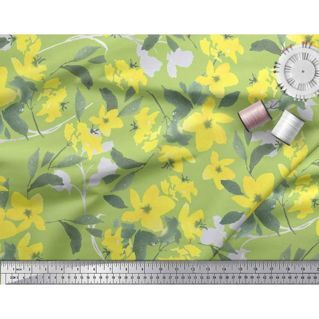 Soimoi polyester Crepe Fabric Leaves & Yellow Flower Watercolor Print Sewing Fabric Yard 42 Inch Wide