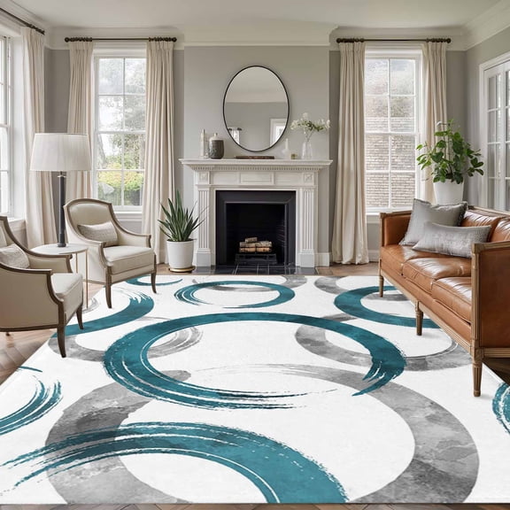 6x9 Area Rugs, Turquoise Grey Non-Skid Rubber Backing Large Rectangle Rugs - Living Room Bedroom Home Office, Geometric Circle Modern Abstract Simple Art Indoor Floor Mat Carpets Washable Rug