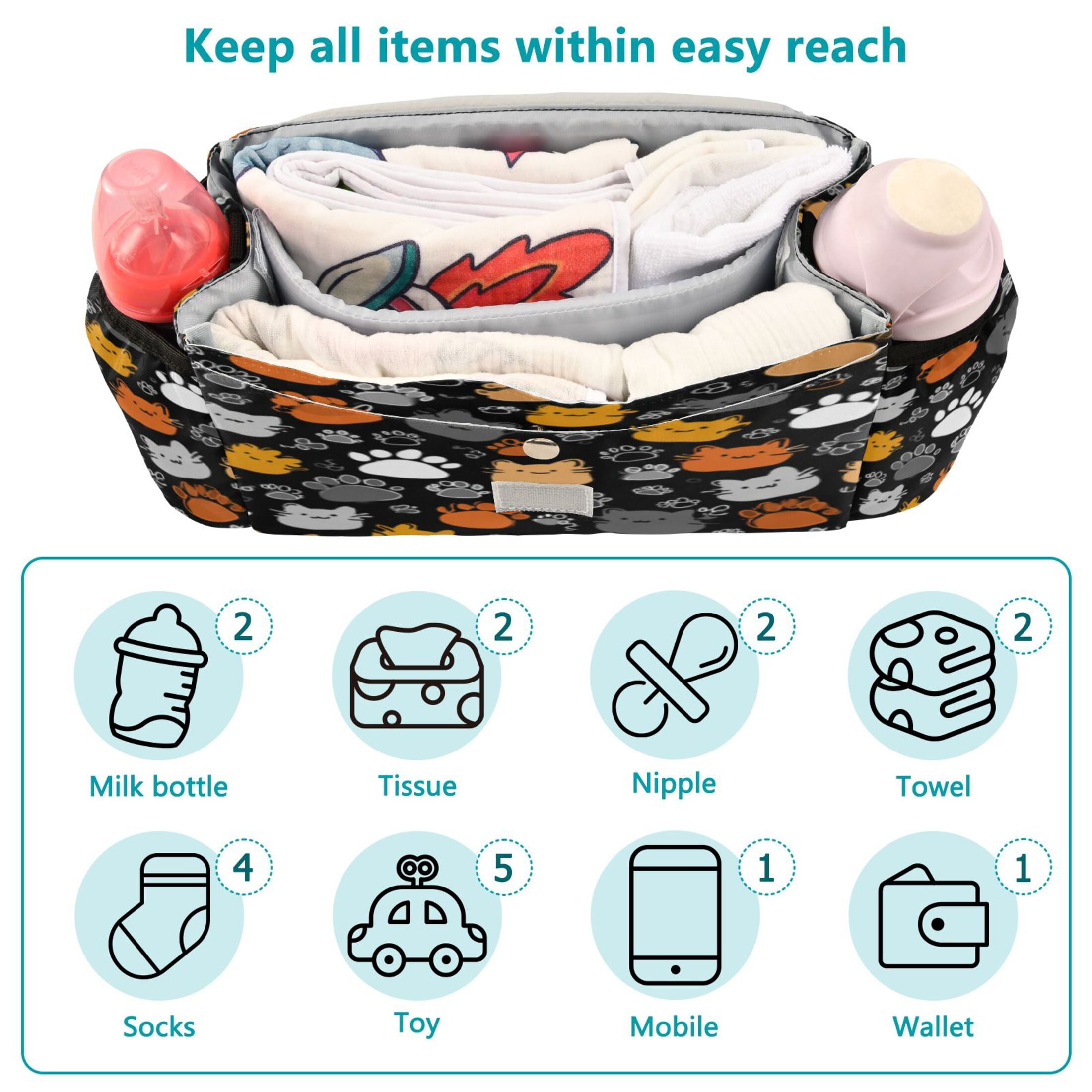 DIXRUYEE Stroller Organizer Whimsical Cat Paw Carnival Printed