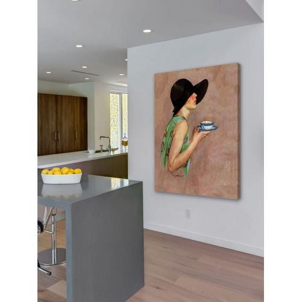 "Lady in Wide Brim Hat Holding Tea Cup" Painting Print on Canvas