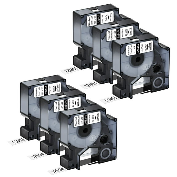 NineLeaf 6PK Compatible for DYMO 18444 1/2" x 18' (12mm x 5.5m) Black on White Industrial Vinyl Label Maker Tape for Rhino 4200 5200 Label Maker