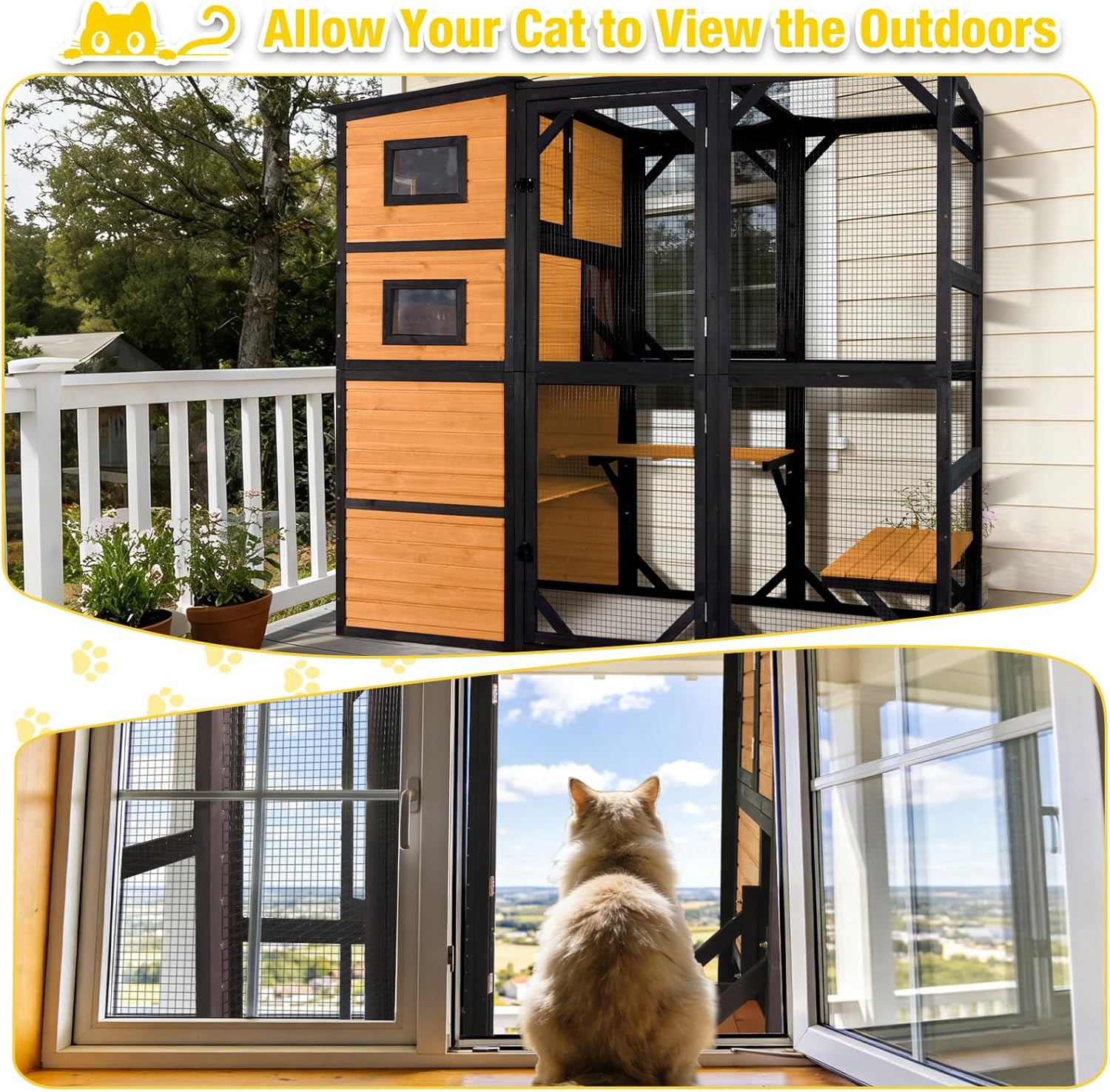 Aivituvin 77" Tall Catio Outdoor Cat Enclosure, Large Wooden Cat House with Waterproof Roof & 3-Tier Platforms, Walk-in Outside Cat Patio with Connectable Window Door for Multiple Cats (Orange)