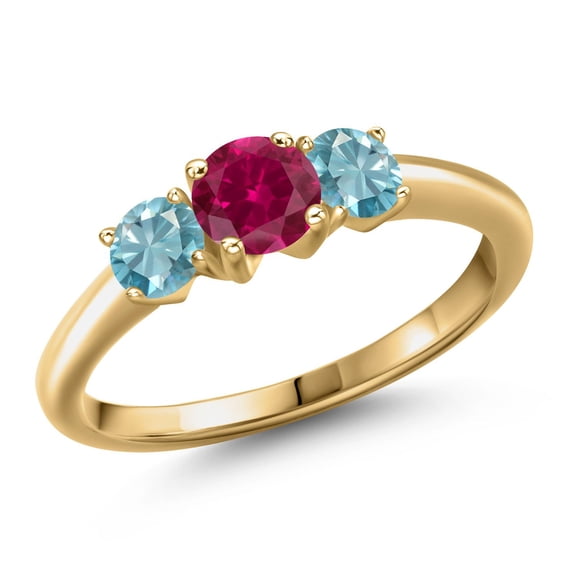 Gem Stone King 18K Yellow Gold Plated Silver Red Created Ruby and Blue Zircon Engagement Ring for Women | 1.60 Cttw | Round 5MM | Gemstone July Birthstone | Size 6
