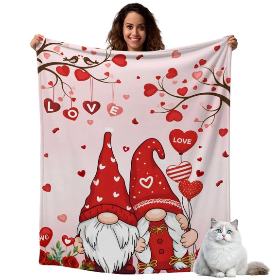 Valentine's Day Gnome Love Heart Branch Throw Blanket Flannel Fleece Throws, Red Rose on Pink Lightweight Super Soft Warm Blankets for Couch Sofa Bed All Season Use,30x40 IN