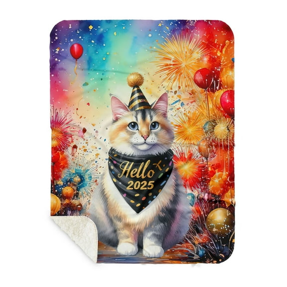 Hello 2025 Manx Celebrates Happy New Year Firework Balloon Cozy Sherpa Blanket Cat Lover Kitten Owner Gifts Warm Soft Throw Blanket - 02024