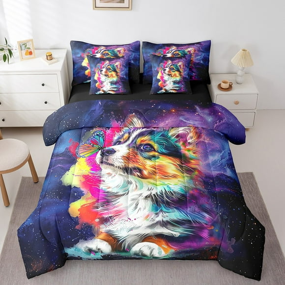 YST Corgi Print Bed in a Bag 7pcs Dog Puppy Bedding Set, Cartoon Animal Pet Queen Size Comforter Set for Kids Children Mystic Galaxy Nebula Bedding Comforter Sets, Rainbow Butterfly Bed Set