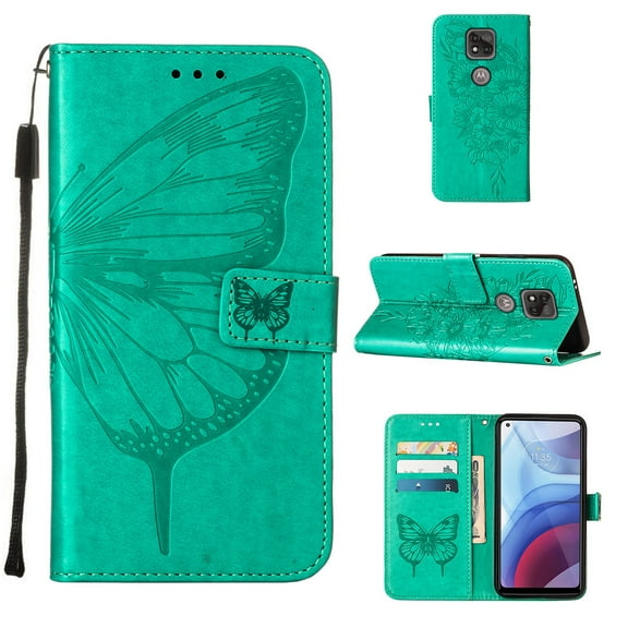 Moto G Stylus (2021) Case, Dteck Embossed Butterfly PU Leather Credit Card Slots Wallet Case with Hand Strap for Motorola Moto G Stylus 2021, Green