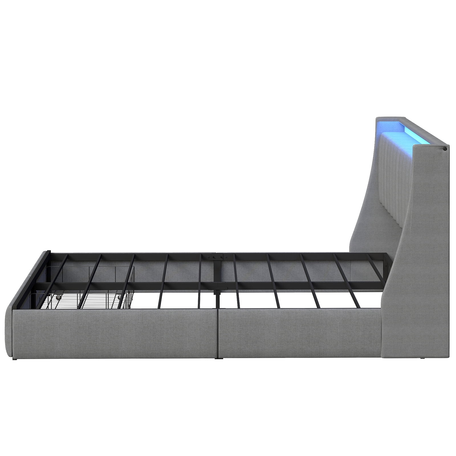 Mintazer Queen Size Tufted Upholstered Storage Bed Frame with LED Light & Charging Station, Platform Bed Frame with 2 Foot Drawers, No Box Spring Required, Grey