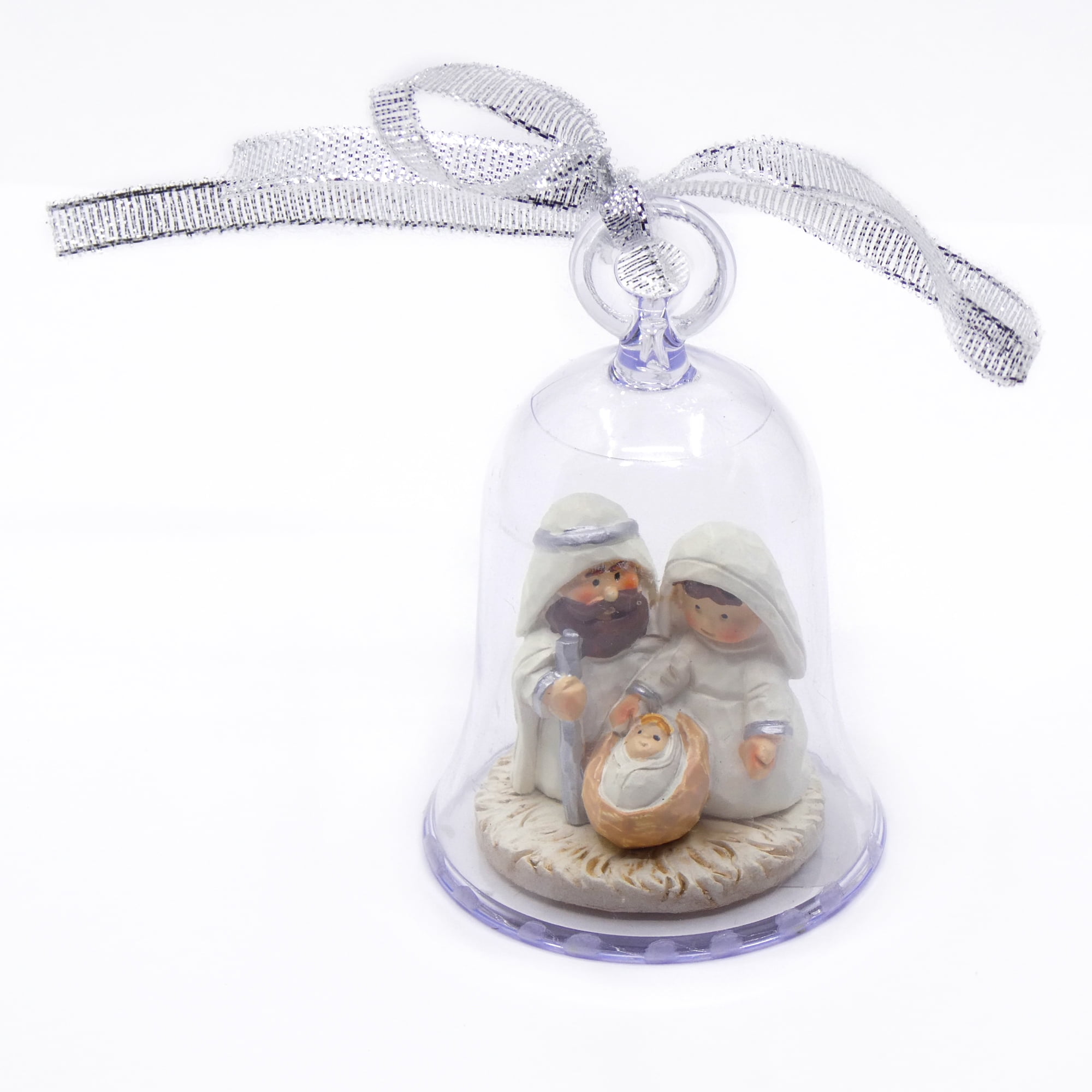 3 pack of Nativity Scene Christmas Tree Ornaments– Adorable Miniature Holy Family figurine Featuring Mary, Joseph and Baby Jesus inside a clear Acrylic Bell shaped Decoration with Silver Ribbon Bow.