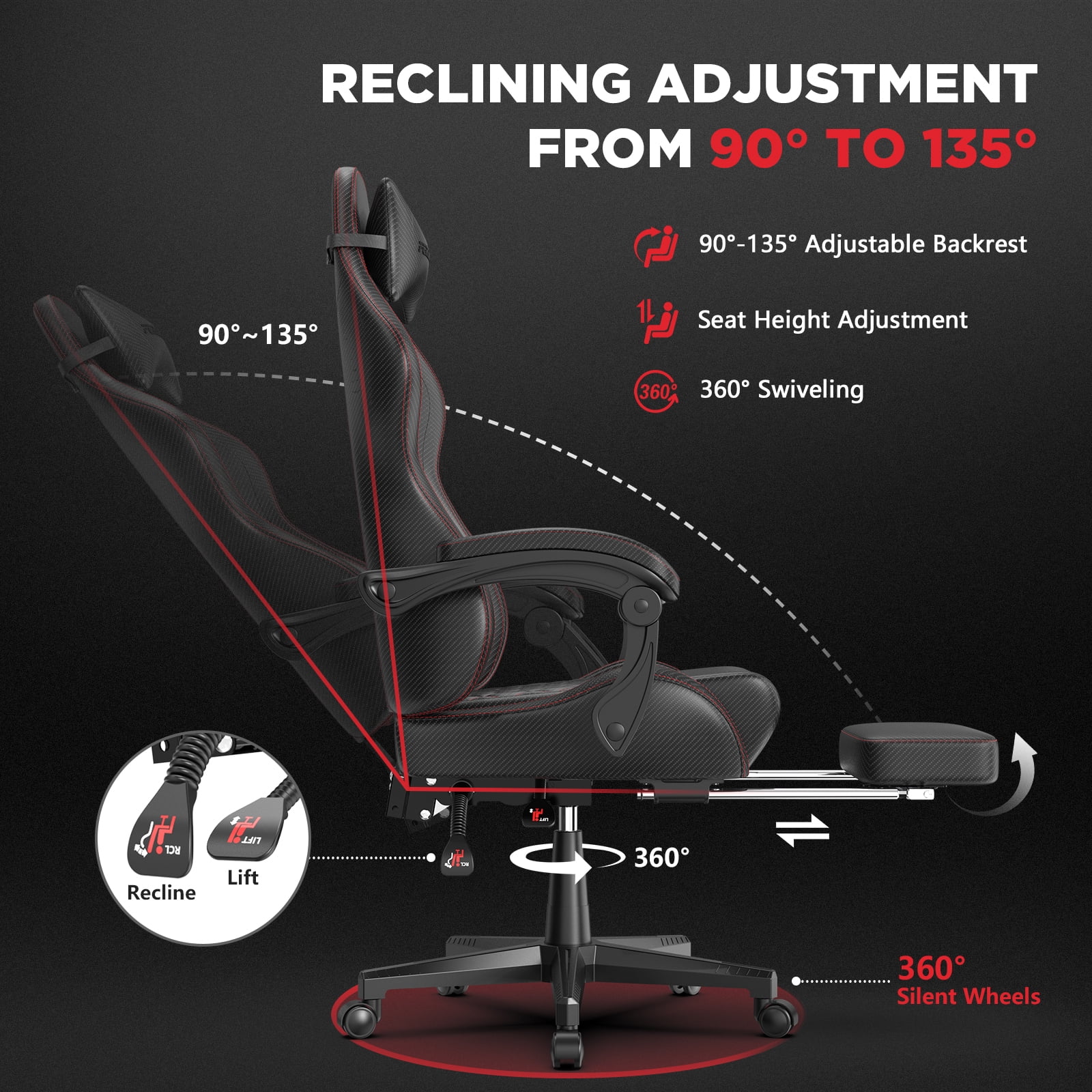 Huracan Gaming Chair with Footrest,Computer Office Chair with Massage Lumbar Support & Headrest, High Back Vintage Game Chair for Adults, Black