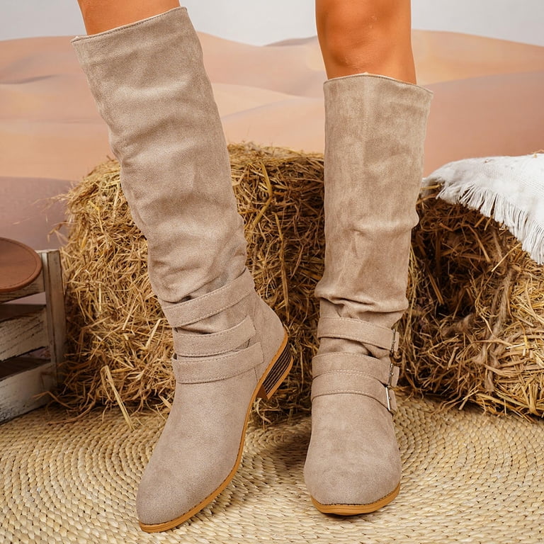 Long Fall Boo JHOKCI Slouchy Knee High Boots Women Wide Calf Buckle Straps Chunky ...
