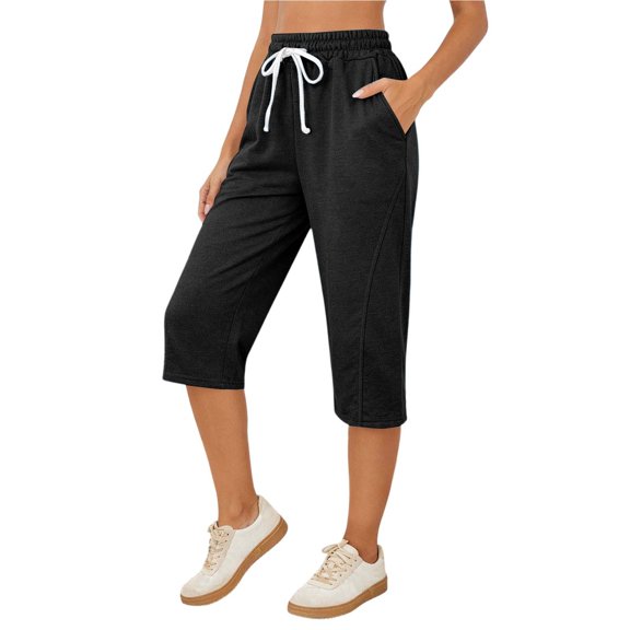 Pants for Women Solid Color Drawstring Loose Fit Jogger Shorts Mid Length Summer Business Casual Pants With Pockets