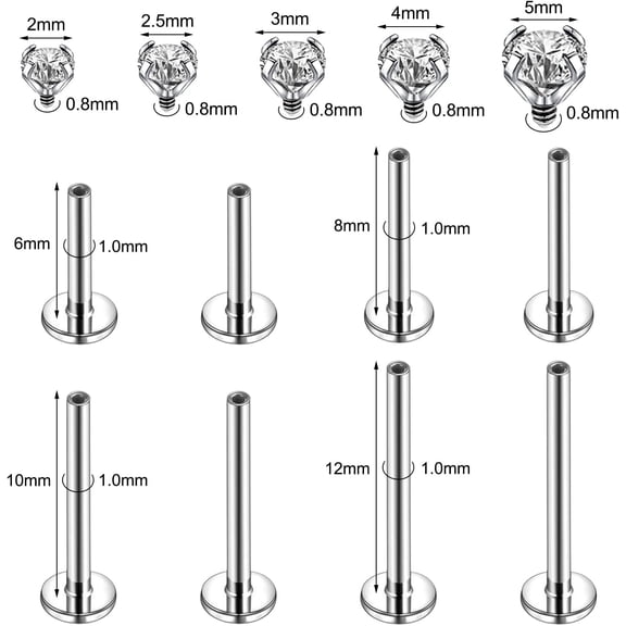 16g/18g Internal Thread Labret Jewelry Surgical Steel Lip Rings Stud Flat Back Medusa Monroe Lip Studs Nose Rings Studs Tragus Helix Cartilage Earring Piercing, 2/2.5/3/4/5mm CZ 18G-2/2.5/3/4/5mm CZ