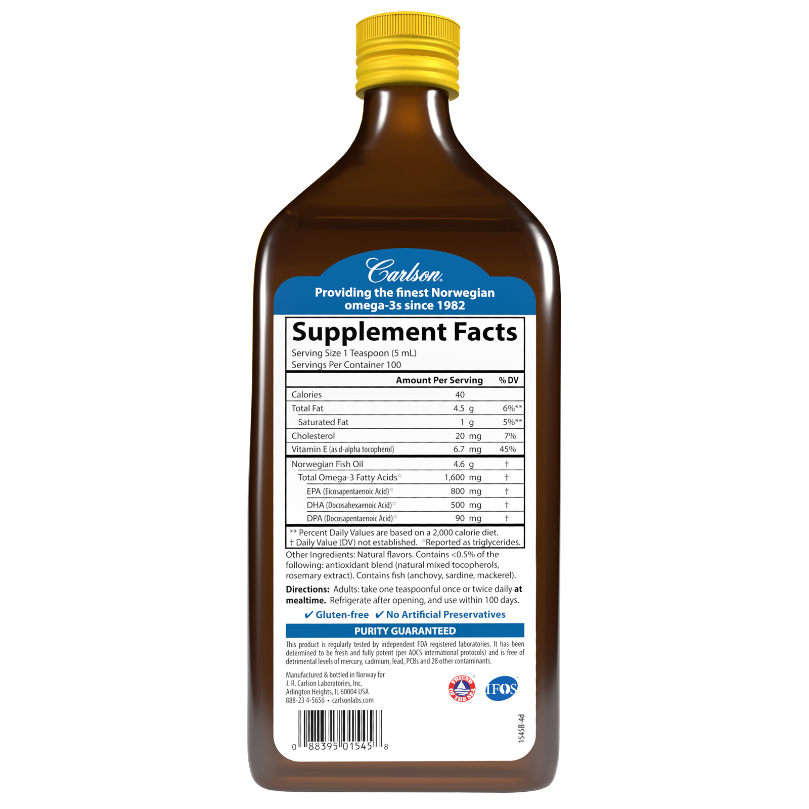 Carlson Omega-3 Fish Oil Liquid, 1600 mg, 16.9 fl oz, Lemon - image 2 of 3