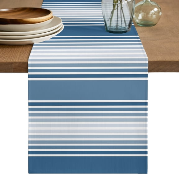 Blue Striped Table Runner 120 Inches Long, Blue Ombre Farmhouse Stripes Cotton Linen Table Runners Dresser Scarves, Decorative Fabric Tabletop Scarf Furniture Cover for Home Dinner Party 13"x120"